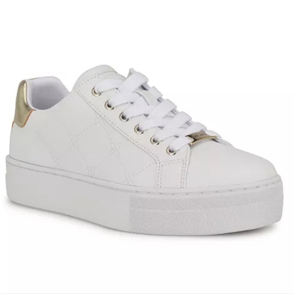 Nine West Shoes - Nine West Women's Gatsby Round Toe Lace-Up Casual Sneakers White and Gold
